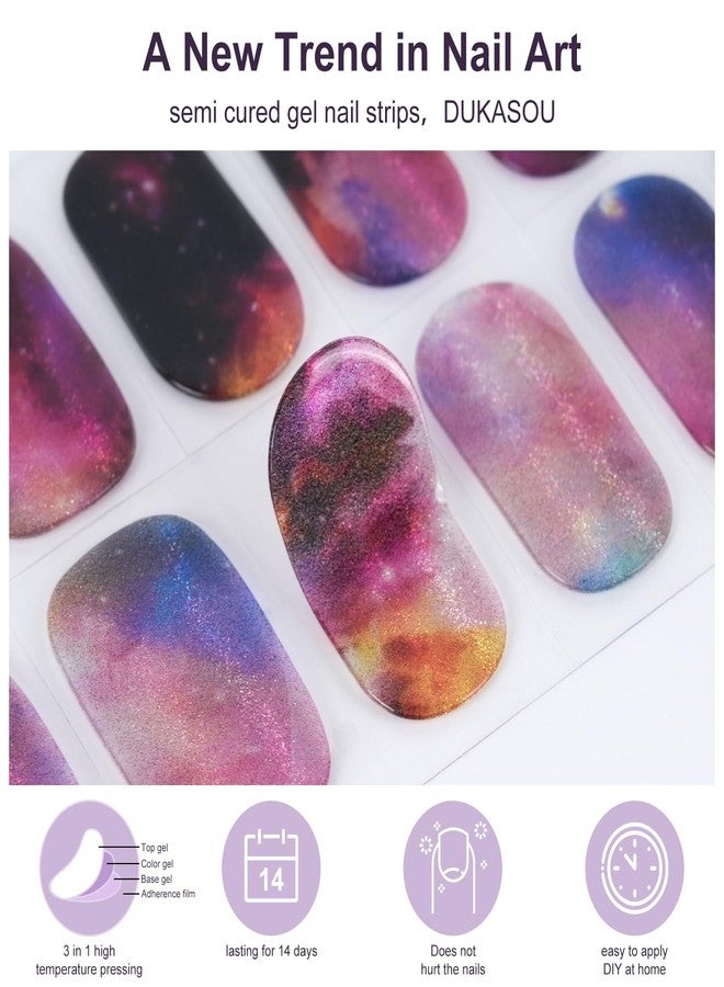 DUKASOU Semi Cured Gel Nail Strips, 28 pcs Gel Nails Stickers for Women Work with Any UV Lamp, Long Lasting UV Gel Nail Strips for Home DIY Nails Art (Smudge Starry Sky) - Image 3